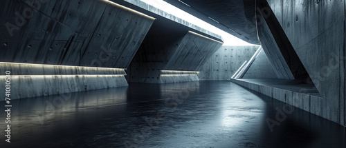 Abstract concrete hall background, panorama of futuristic corridor with sloped walls and led lighting, modern empty warehouse, parking or garage. Concept of room, interior photo