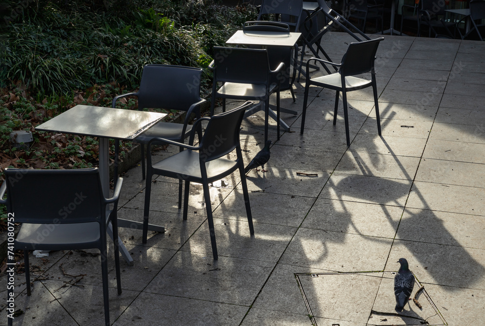 Empty tables and chairs shadows outside a cafe and pigeon on the pavement. Sunlight shine through tables and chairs in the afternoon, Copy space, Selective focus.