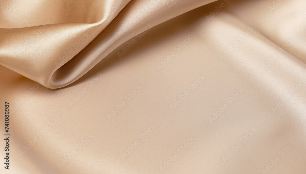 Fototapeta premium Silk atlas soft tender beige color fabric with shiny curve in corner macro