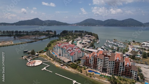 Lumut, Malaysia - February 16 2024: Aerial View of the Lumut Waterfront and Marina Island photo