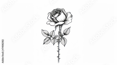 Detailed sketch of a blooming rose with leaves on a stem photo
