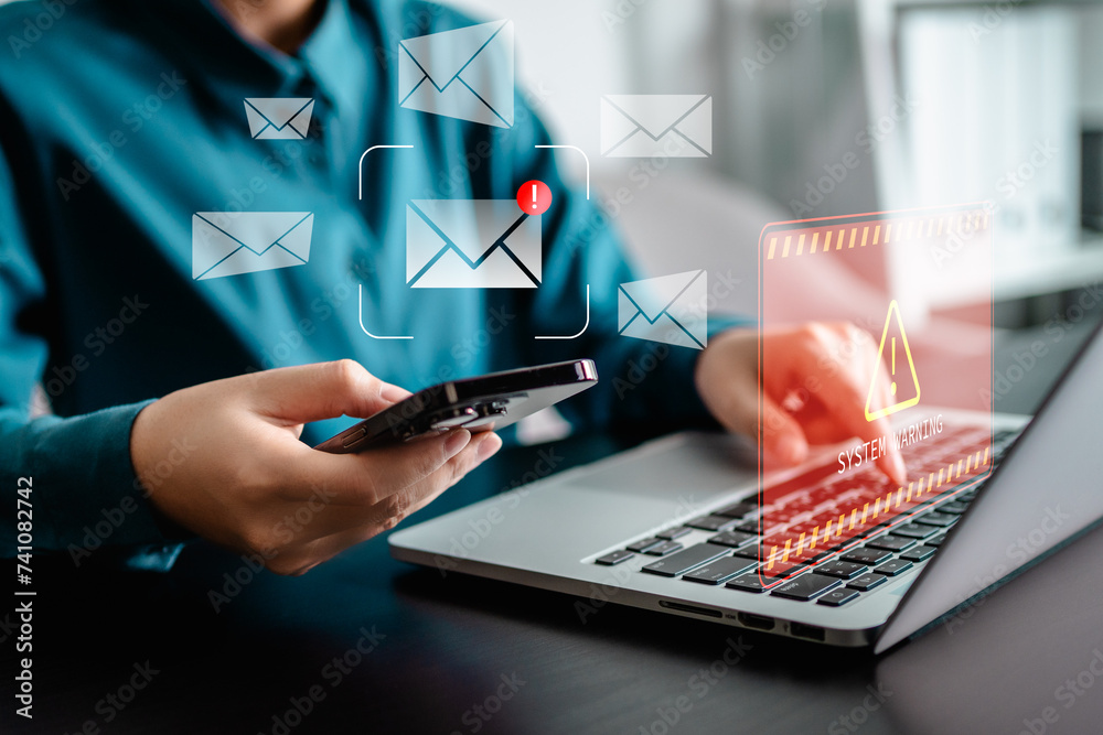 Obraz na płótnie Businesswomen checking email via smartphone have spam malware screen alerts, cyber internet web hack attacks, warning errors, sniffing attacks, phishing, cybersecurity network concept w salonie