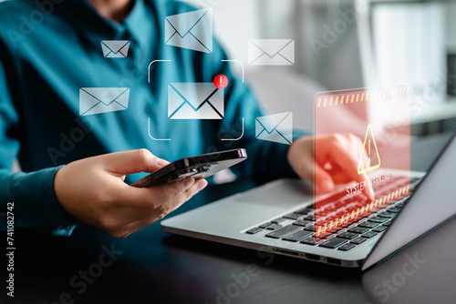 Businesswomen checking email via smartphone have spam malware screen alerts, cyber internet web hack attacks, warning errors, sniffing attacks, phishing, cybersecurity network concept photo