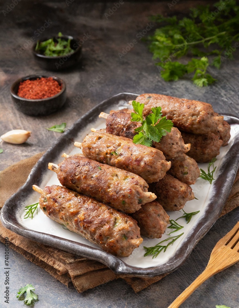 Moroccan food. Traditional homemade kefta of meat. Halal concept. Turkish kebab. Arabic style meal. Moroccan food. Traditional homemade kefta of meat. Halal concept. Turkish kebab. Arabic style meal.