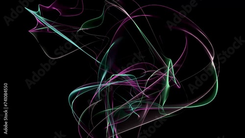 Abstract, fluid, wavy and colorful rays seamless loop animation. Modern and contemporary feel in 4K. Glowing with subtle movement with shades of magenta, green, pink, cyan, black