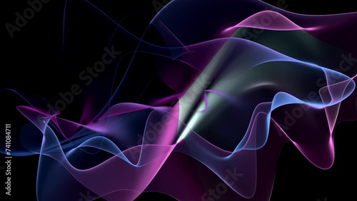 Abstract, fluid, wavy and colorful rays seamless loop animation. Modern and contemporary feel in 4K. Glowing with subtle movement with shades of purple, pink, magenta, white, black