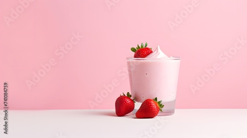 Bowl of strawberry yogurt on a light pink background