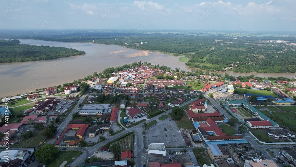 Teluk Intan, Malaysia - February 16 2024: Aerial View of the Leaning Tower of Teluk Intan