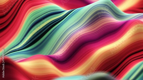 Abstract, fluid, wavy and colorful 3D lines seamless loop animation. Modern and contemporary feel in 4K. Metallic, iridescent and reflective with shades of green, red, orange, yellow, cyan