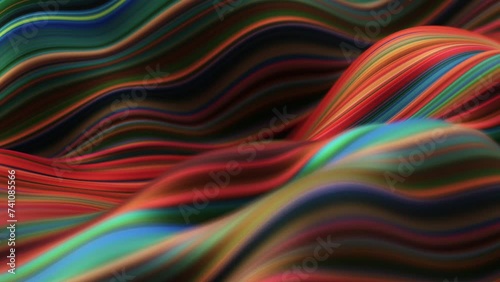 Abstract, fluid, wavy and colorful 3D lines seamless loop animation. Modern and contemporary feel in 4K. Metallic, iridescent and reflective with shades of orange, red, green, blue, yellow
