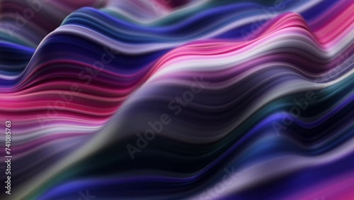 Abstract, fluid, wavy and colorful 3D lines seamless loop animation. Modern and contemporary feel in 4K. Metallic, iridescent and reflective with shades of purple, magenta, pink, blue, black