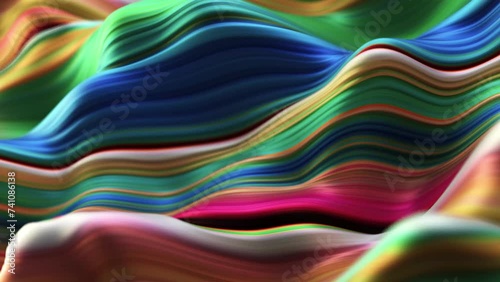 Abstract, fluid, wavy and colorful 3D lines seamless loop animation. Modern and contemporary feel in 4K. Metallic, iridescent and reflective with shades of blue, magenta, green, yellow, pink