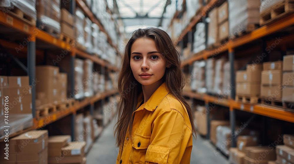 A female warehouse worker in overalls, standing in a warehouse with shelves filled with boxes