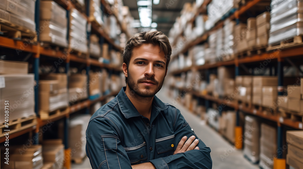 A male warehouse worker standing in aisles of shelves, stacked with boxes, wearing overall uniform. A male warehouse worker standing in aisles of shelves, stacked with boxes, wearing overall uniform.