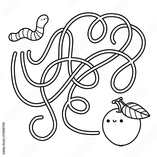 Simple maze game. Find a way from cute little worm to apple. Black and white ready to print worksheet for preschool fun activity. Outlined vector illustration for kids.