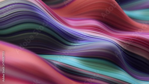 Abstract, fluid, wavy and colorful 3D lines seamless loop animation. Modern and contemporary feel in 4K. Metallic, iridescent and reflective with shades of purple, magenta, orange, cyan, red