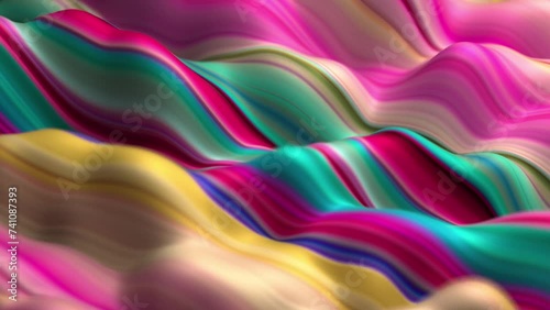 Abstract, fluid, wavy and colorful 3D lines seamless loop animation. Modern and contemporary feel in 4K. Metallic, iridescent and reflective with shades of green, magenta, pink, yellow, purple