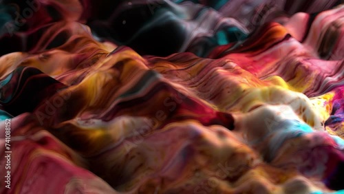 Vibrant, colorful, fluid and wavy abstract paint seamless loop animation. Modern and contemporary style in 4K with shades of orange, yellow, cyan, red, blue