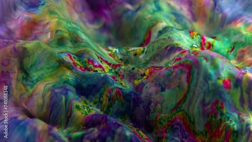 Vibrant, colorful, fluid and wavy abstract paint seamless loop animation. Modern and contemporary style in 4K with shades of green, red, yellow, magenta, purple