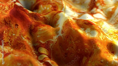 Vibrant, colorful, fluid and wavy abstract paint seamless loop animation. Modern and contemporary style in 4K with shades of orange, yellow, red, white