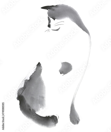 筆で描いた猫　水墨画