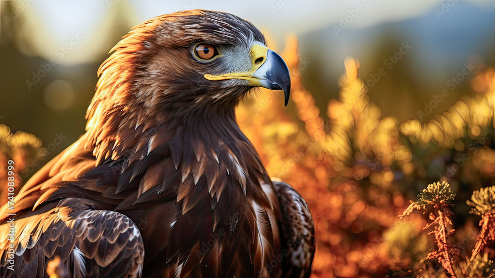 Fototapeta premium Iconic bird in nature's embrace, noble, sunlit silhouette against foliage.