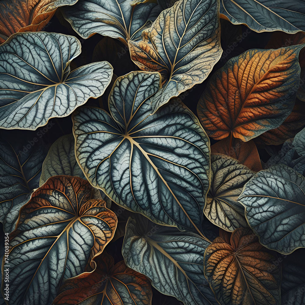 Gray, Brown, And Gold Verdant Leaves with Veins and Crumpled Surfaces.