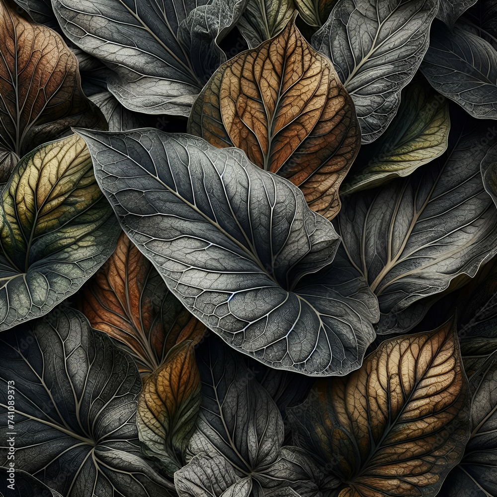 Former Vibrant Radiating Lush Green Verdant Leaves Turned Dry Gray Brown & Gold Hues with Intricate Leaf Skeleton Veins & Dense Crumpled Texture Dried Structure Surfaces Decorative Nature Cycle Autumn