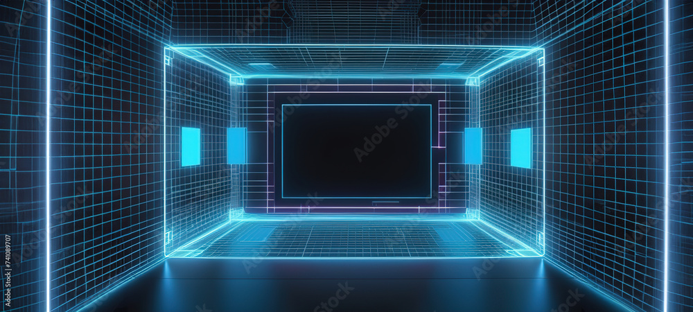 blue Hologram wireframe of Virtual Reality glass headset Future Concept Simulation and connect technology.ai generated