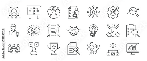 Management minimal thin line icons. Related teamwork, employemnt, planning, monitoring. Editable stroke. Vector illustration.
