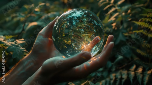 Fototapeta Naklejka Na Ścianę i Meble -  Human hand holding globe planet glass In green forest with bokeh nature lights. world environment day. concept for environment conservation, protect ecology earth and environmental eco-friendly life.