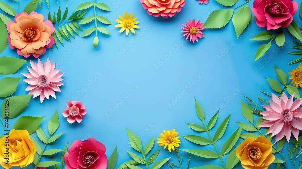 top view of colorful paper cut flowers with green leaves on blue background with copy space