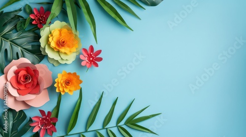 top view of colorful paper cut flowers with green leaves on blue background with copy space