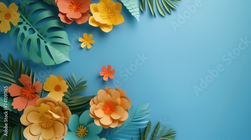 top view of colorful paper cut flowers with green leaves on blue background with copy space © Ibad