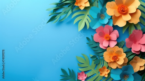top view of colorful paper cut flowers with green leaves on blue background with copy space © Ibad