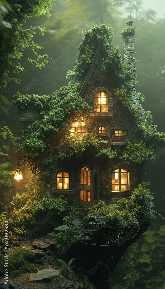 a tiny green house in the forest