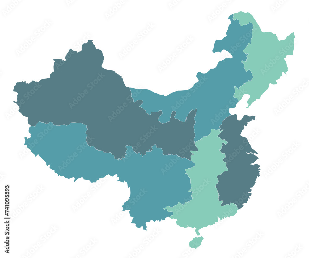 Fototapeta premium China map. Map of China in eight main regions in multicolor