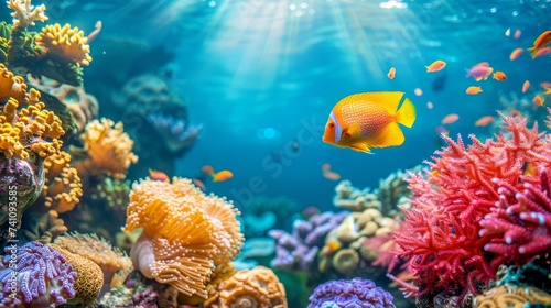 Flame angelfish among vibrant corals in saltwater aquarium, creating a captivating underwater scene.