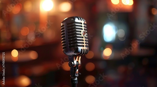 microphone on a bar stage with bokeh lights in the background in high resolution and high quality. original microphone concept in public places 4K