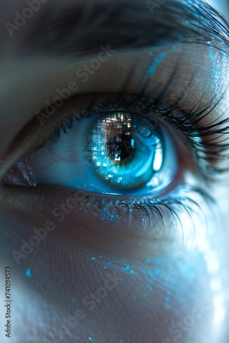 Close-up of female eye with digital hologram. Technology concept	
