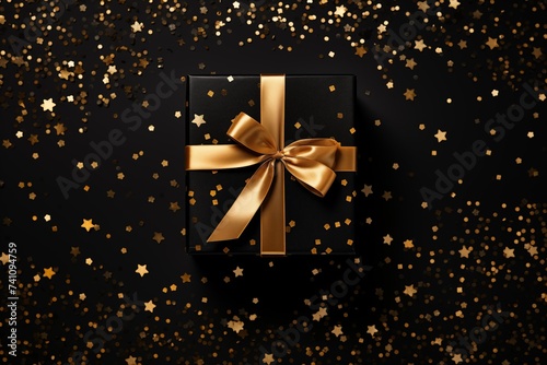 Golden gift box with ribbon on black background, adorned with stars.