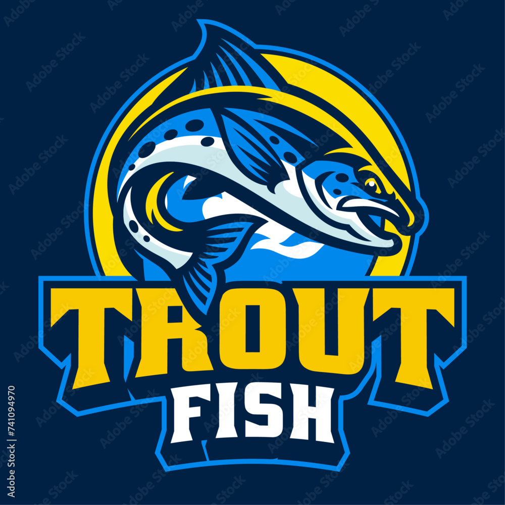Fototapeta premium Blue Trout Fishing Logo Design Mascot