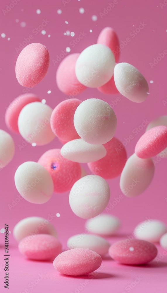Chocolate candies floating on pastel gradient background, close up view with space for text. Chocolate candies floating on pastel gradient background, close up view with space for text.