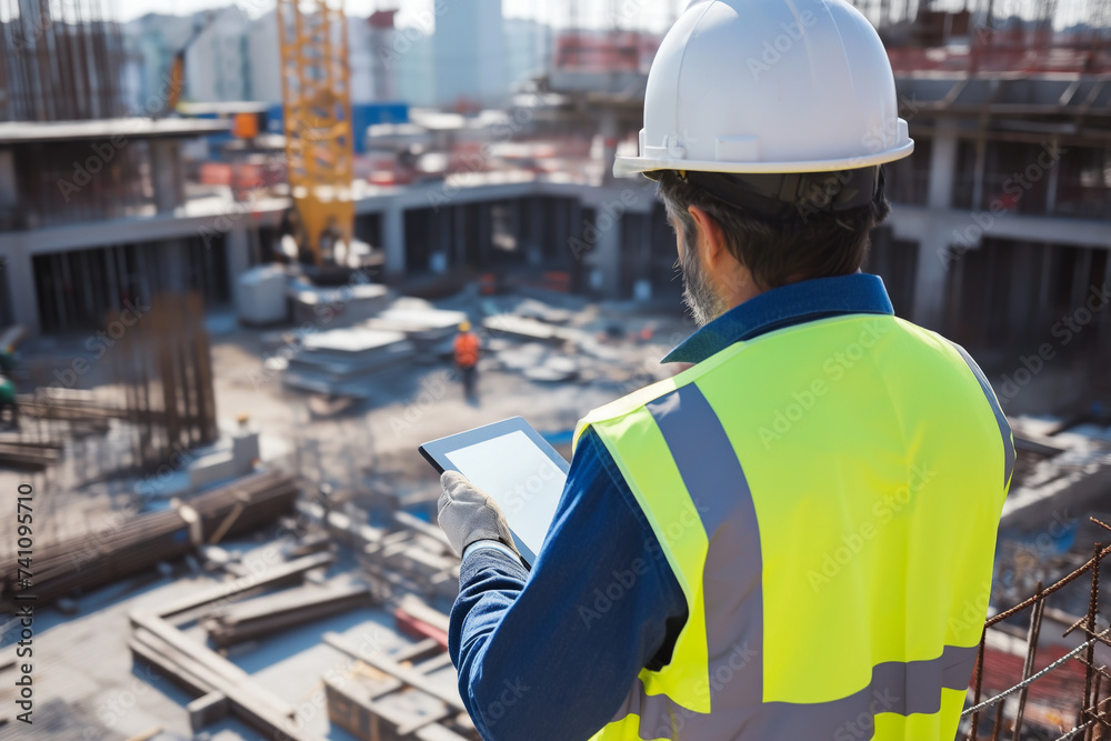 Man in a hard hat on construction site, using a tablet to review plans and monitor progress on the project. Man in a hard hat on construction site, using a tablet to review plans and monitor progress on the project.