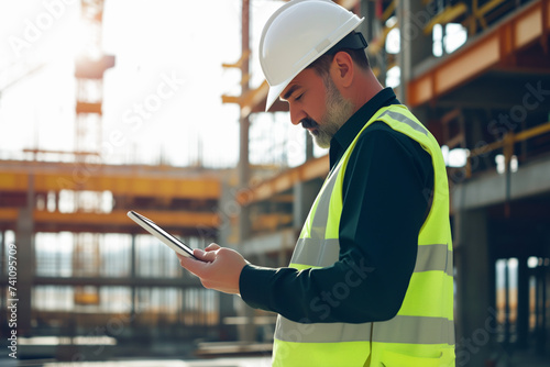 A man in a safety vest, who appears to be an engineer, is using a tablet at a construction site. 