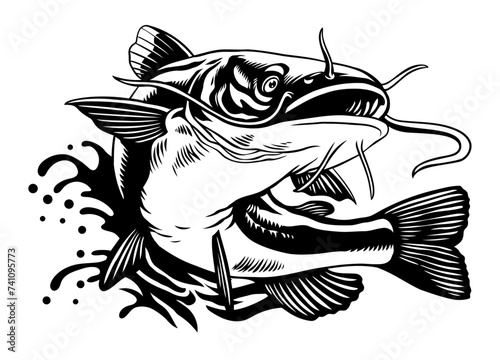 Illustration of Catfish in Black and White Style Isolated