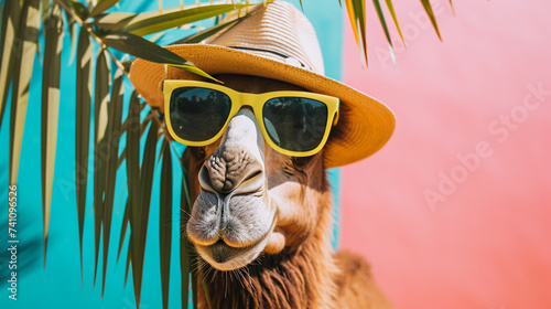 camel with sunglasses and hat under palm leaf on pastel summer background. Generative Ai