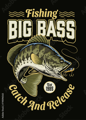 Vintage Colorful T-Shirt Design Big Bass Fishing