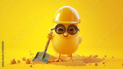 Cute cool chick manual worker digger with helmet and spade funny conceptual image. Generative Ai