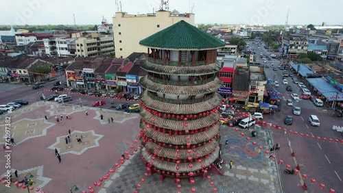 Teluk Intan, Malaysia - February 16 2024: Aerial View of the Leaning Tower of Teluk Intan photo